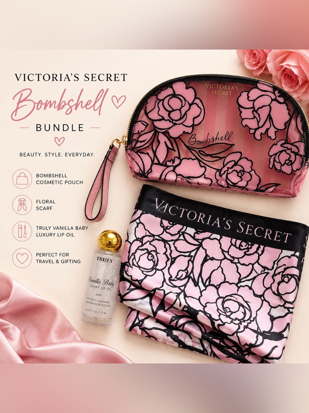 Victoria’s Secret Bombshell Floral Travel Bundle Scarf Lip Oil NWT